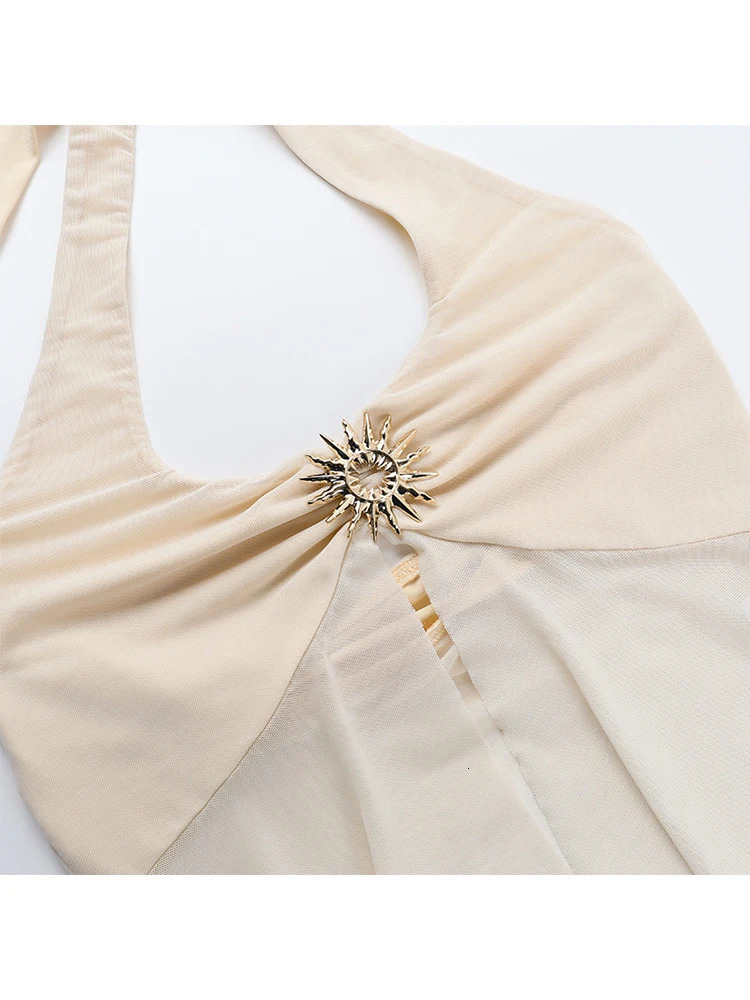 Absobe Halter Tie-Back Sheer Mesh Patchwork With Metal Accents Tank Top Backless Y2K Vest For Women Chic Streetwear Blouse 250614