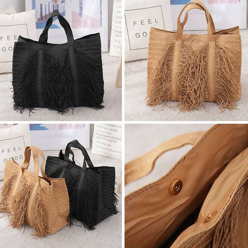Large Capacity Straw Tote Bags For Women Designer Handbags Bohemian Tassel Beach Handmade Woven Shoulder Bag Travel Shopper