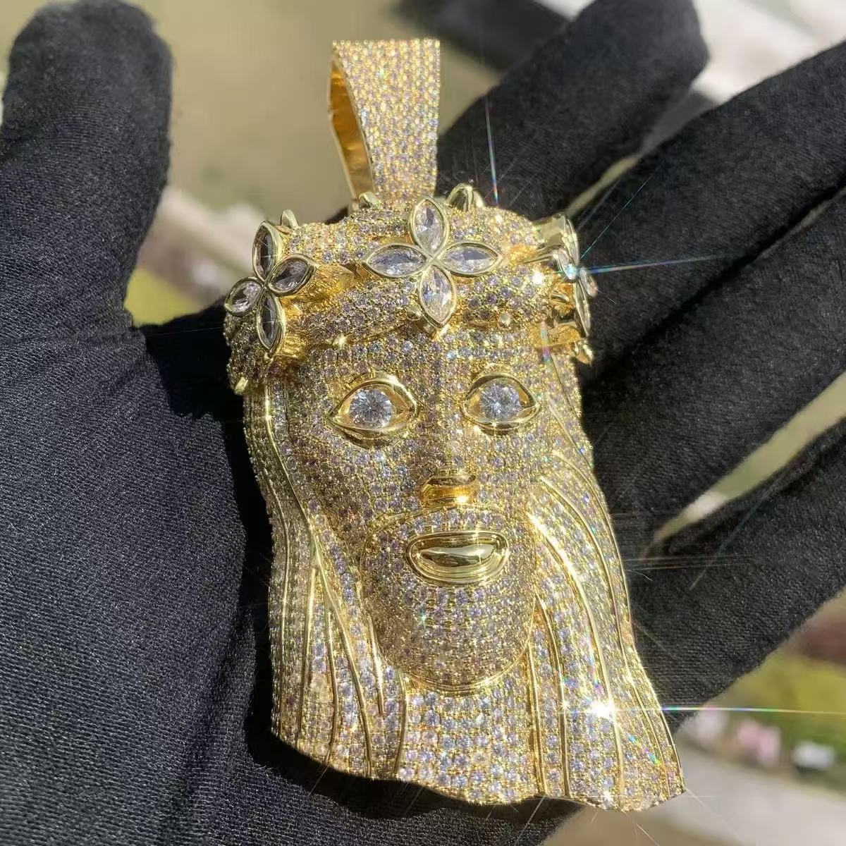 Custom Luxury 3 Tall Jesus Pendant 925 Sterling Silver 14k Gold Plated Fancy Cutting Moissanite Jesus Head Pendant