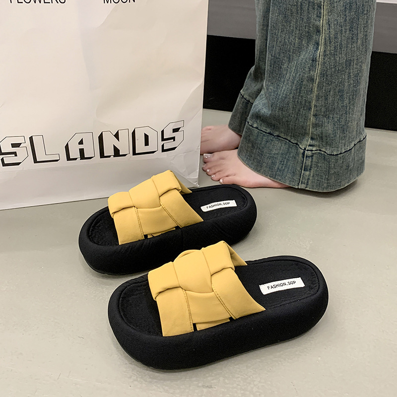 Ddmysports Thick Woven Slippers For Women Outdoor Wear Summer New Flat One Word Casual Soft Sole Versatile Sandals Outdoor Shoes
