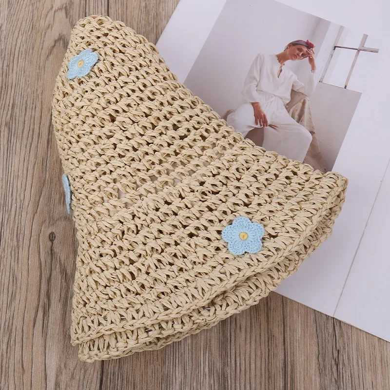 Womens Summer Flower-Embroidered Crochet Straw Bucket Hat - Foldable UV Protection Panama Sun Hat for Beach Travel M250616