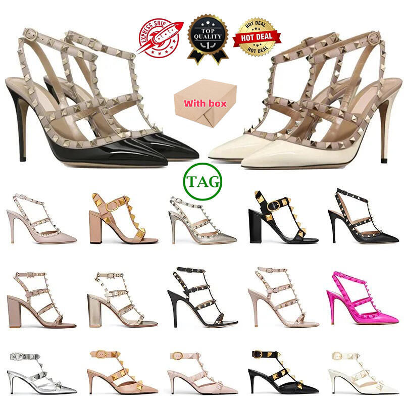 Luxury designer womens high Valentine' sandals heels dress shoes heel rock stud kitten platform sandles white silver leather rivet peep-toes famous slingback