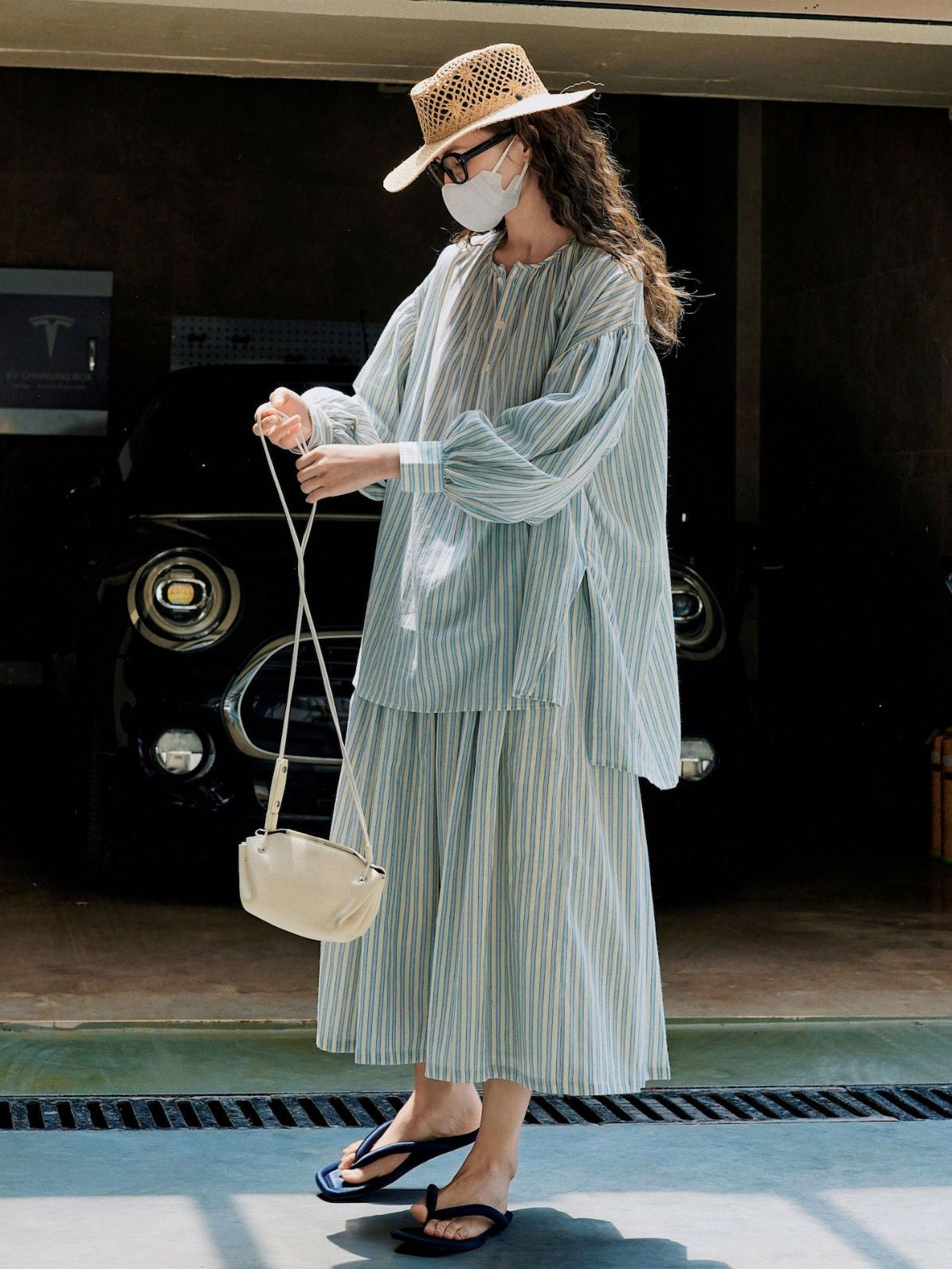 KO180 New Japanese lazy and refreshing imitation linen striped skirt elastic loose slim umbrella