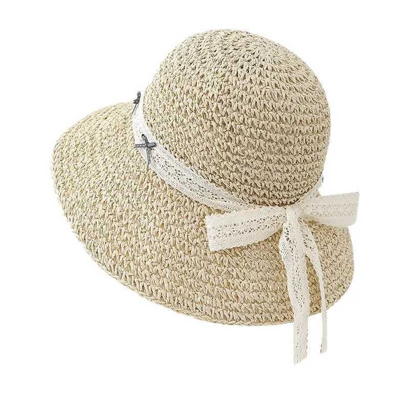 2025 New Korean Style Sun Hats Womens Summer Hat Lace Bow Straw Large Brim Ladies Sunshade Foldable Beach Accessories M250616