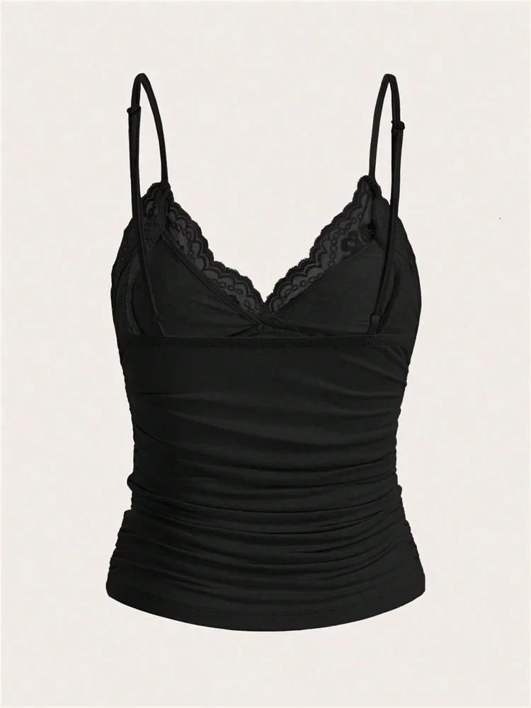 Sexy Contrast Lace Bow Front Crop Cami Top Women 2025 Summer Grunge Punk Y2K Clothes Ruched Skinny Backless Tee Shirt 250612