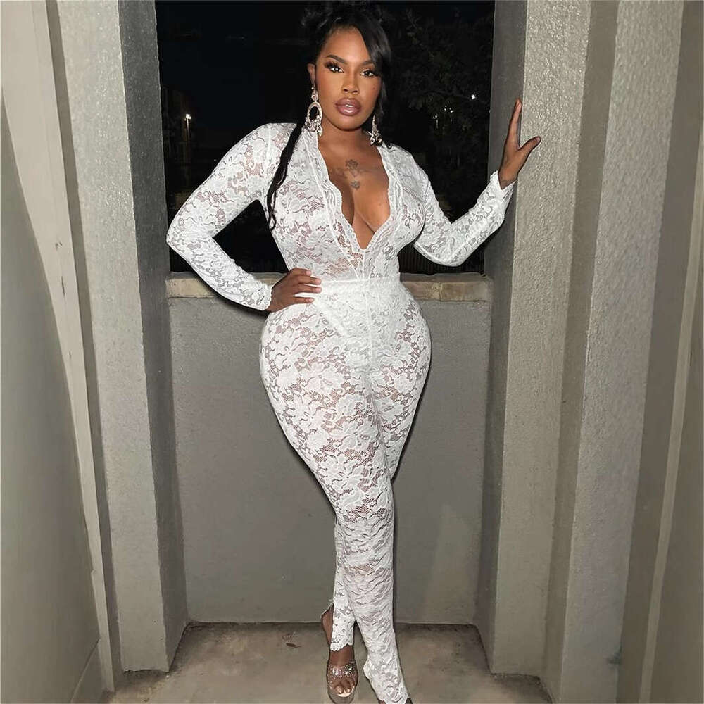 New Fashion Solid Color Slim Fit Sexy Lace Hollow Deep V-Neck Sheer Long Sleeve Top And Pants Set B5