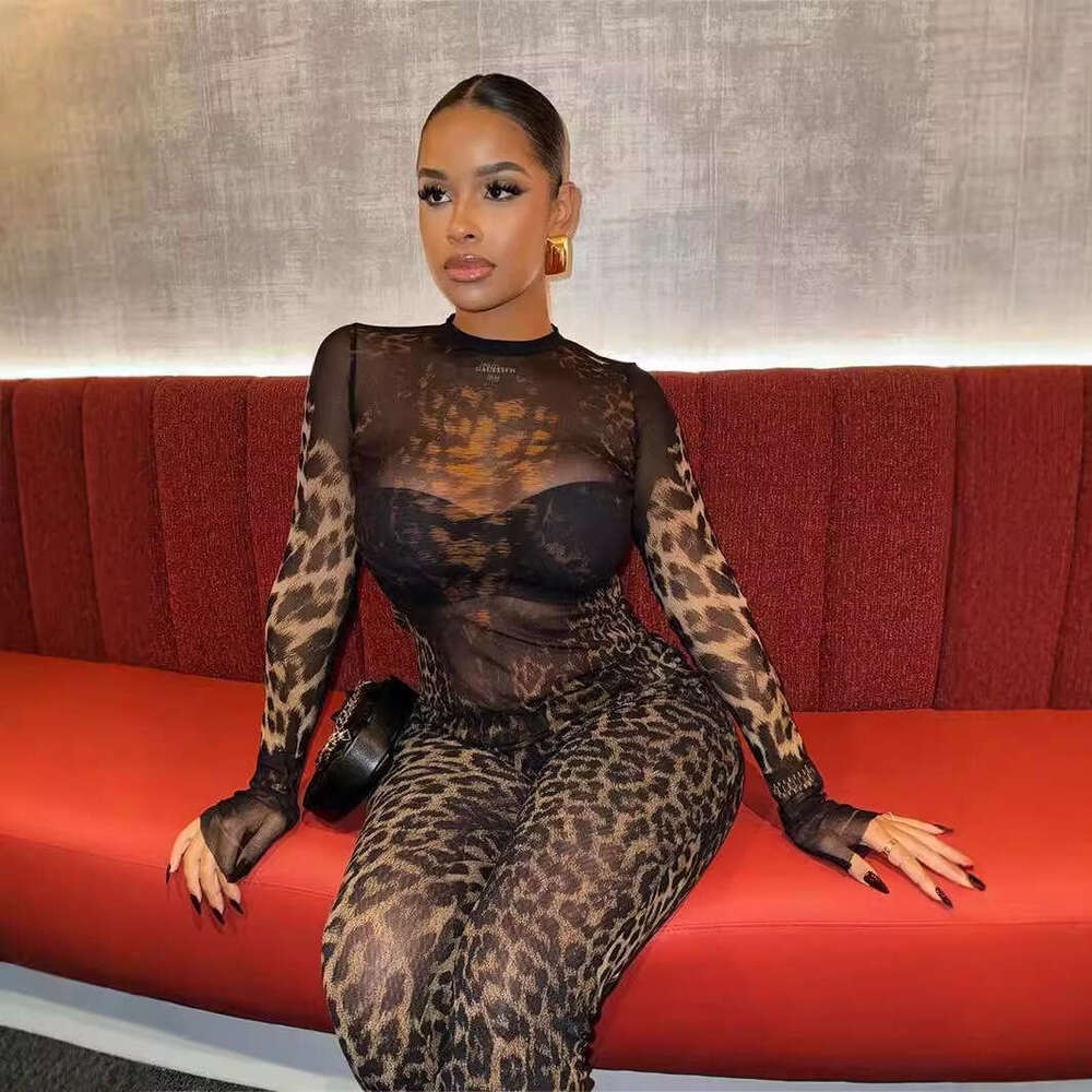 Summer New Mesh See-Through Sexy Hot Girl Sleeve Top And Long Pants Leopard Print Set B5