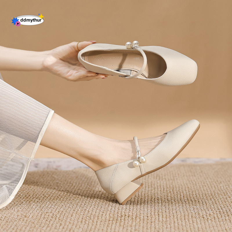 Square Toe Chunky Mary Jane 2025 Spring New Soft Leather French Style Shallow Mouth Low Heel 3cm Single Shoes for Women ddmythur