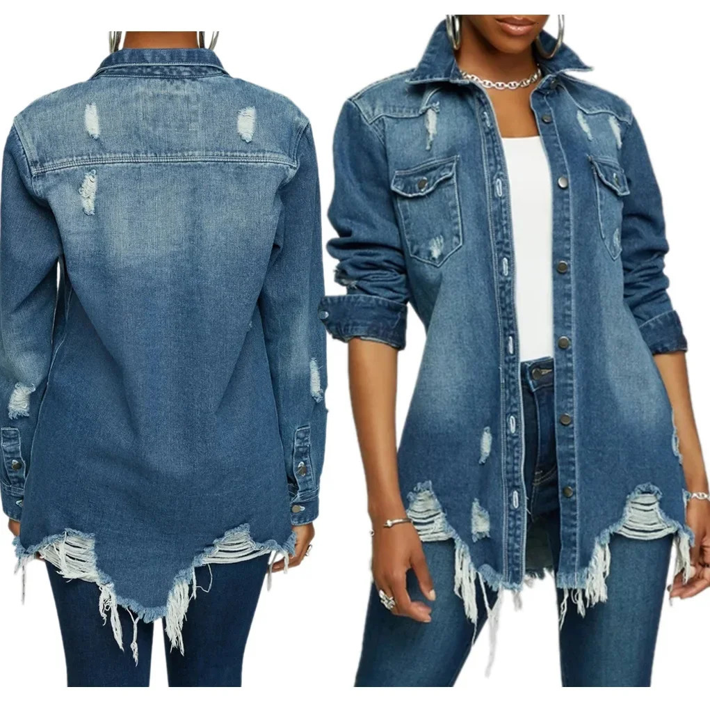 Women Jeans Jackets Spring Summer Ripped Denim Vintage Casual Denim Jacket Long Sleeve Female Chic Coat Streetwear 250614