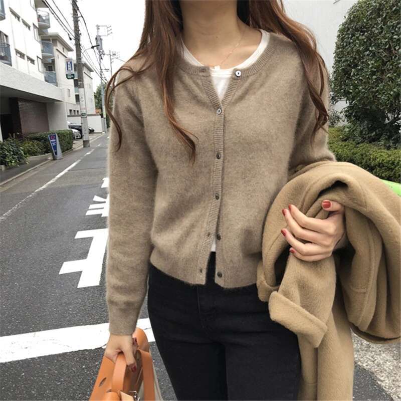 100% Pure Cashmere Cardigan Autumn Winter New Women's Short Round Neck Sweater Super Fire Cec Coat Knitting