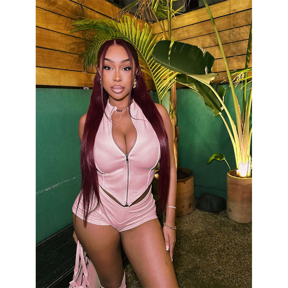 New Women's Sexy Fashion Sleeveless Zipper V-Neck Tube Top High-Waisted Shorts Set B5