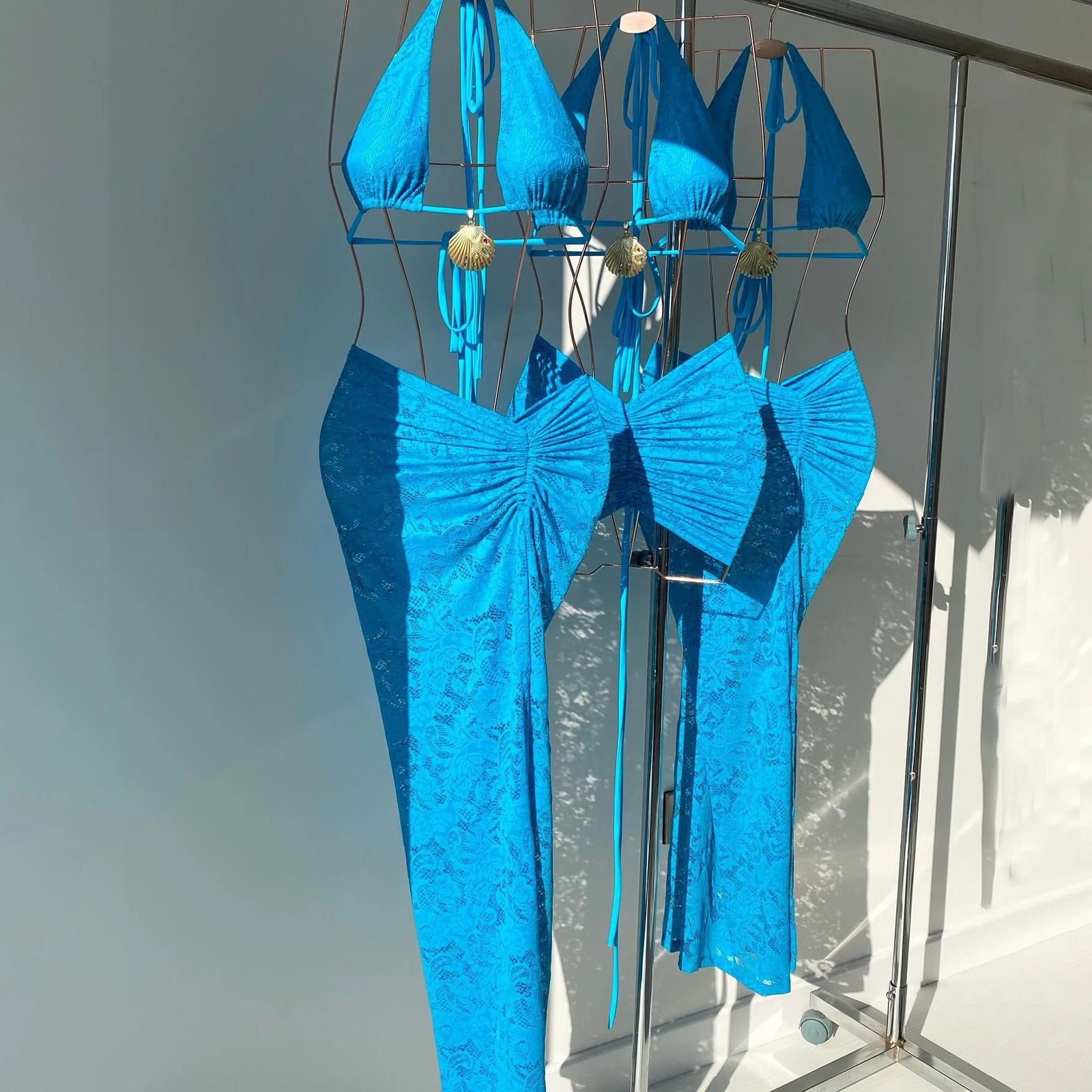 3Pcs Lace Bikini With Long Skirt Sexy Swimsuit Women Swimwear Female Bandeau Biquini High Cut Bathing Suit Beachwear Cover Up 250614