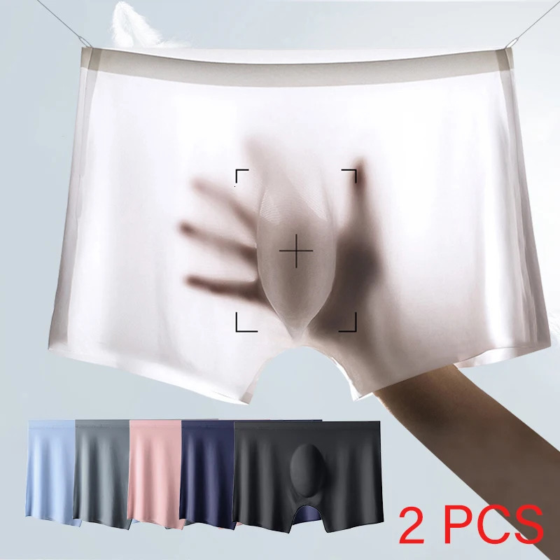 2 PcsLot Mens Ultra-thin Panties Summer Ice Silk Boxers Briefs Underwear Lingerie Shorts Breathable Sexy Seamless Underpants 250614