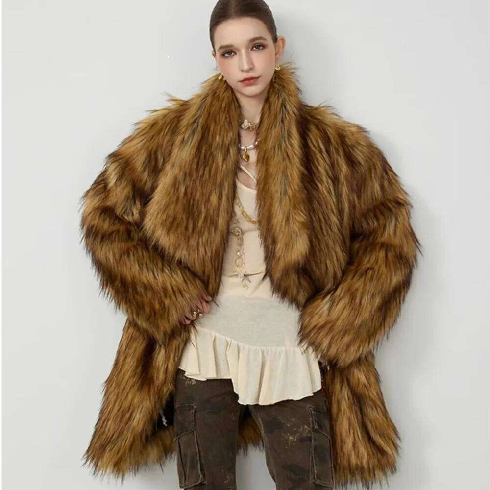 Winter Gradient Gold Brown Hairy Shaggy Raccoon Faux Fur Coat Women Lapel Furry Midi Long Loose Oversized Outerwear