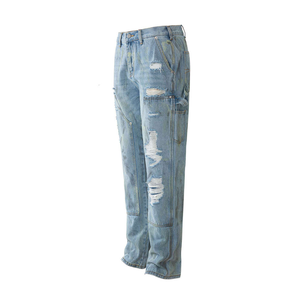 25FW American INS Style Casual Pants Loose Washed Ripped Ink Splash Logging Jeans for Men