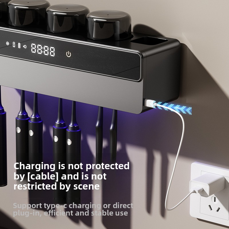 Wall mounted Toothbrush Sanitizer Rack Smart Drying UV Sterilization Punch free Toothbrush Cup Holder Wall mounted Charging