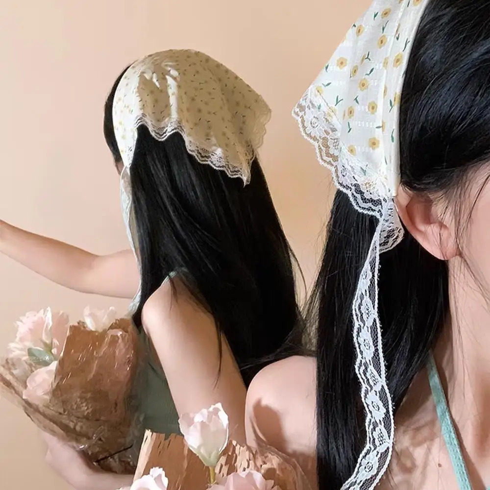 Korean Bowknot Hair Scarf Triangle Blue Neck Scarf Soft Hair wrap Pastoral style Hair Bandanas for Women Girls Hair Accessories 250610