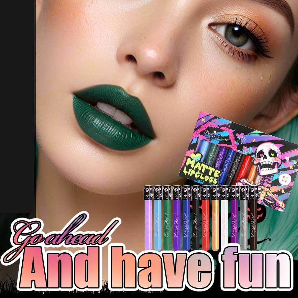 12PcsBox Matte Liquid Lipstick Makeup Colorful Black White Lip Gloss Waterproof Metallic Lip Glaze Halloween Party Cosmetics 250614