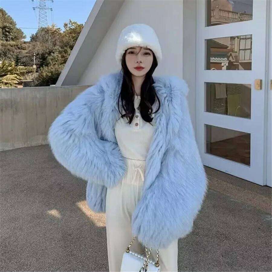 Blue Winter Warm Faux Fur Coat Women Bat Sleeve Thick Plush Fluffy Jacket Ladies Lazy Loose Hooded Outwear Clothing 2023