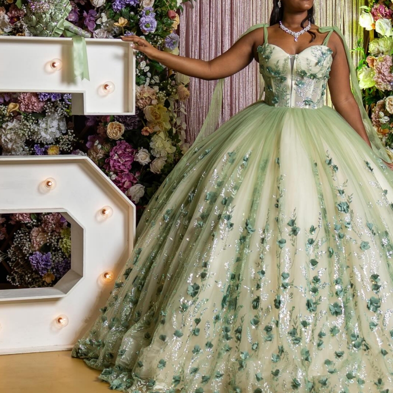 Green Quinceanera Dresses Ball Gown Off The Shoulder Sequin Applique Flower Beading Crystal With Cape Tull Sweet 16 Dress Vestidos 15 De Anos