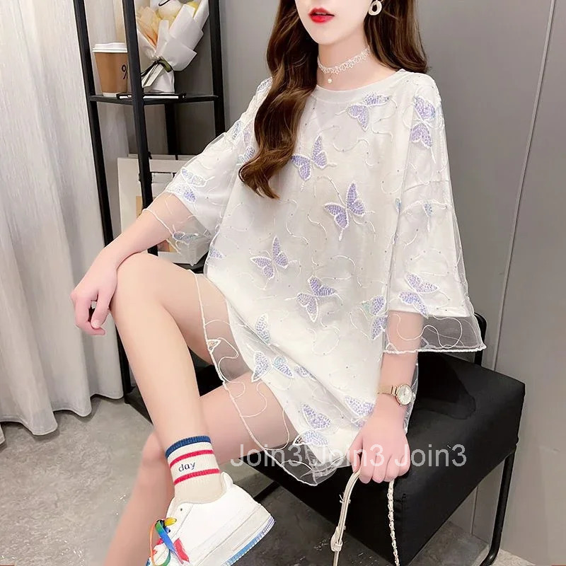 Lace Womens T-shirt Mesh Female Top Aesthetic Clothing Korean Popular Clothes Streetwear Pulovers Youthful 2025 High Quality