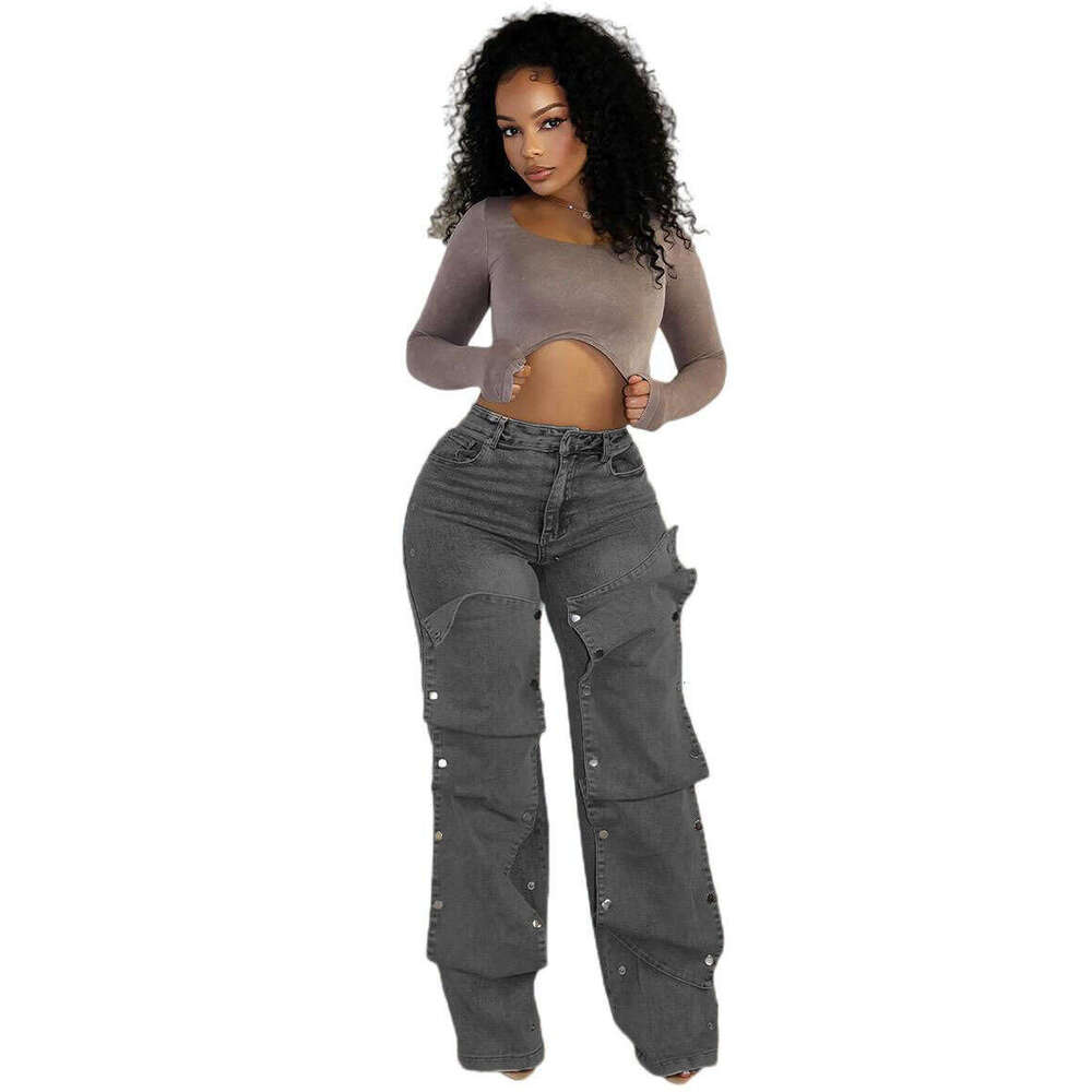 Women's Straight Leg Jeans Autumn Street Fashion Detachable Button High Waist Pants 2025 New Elegant Chic Clothing