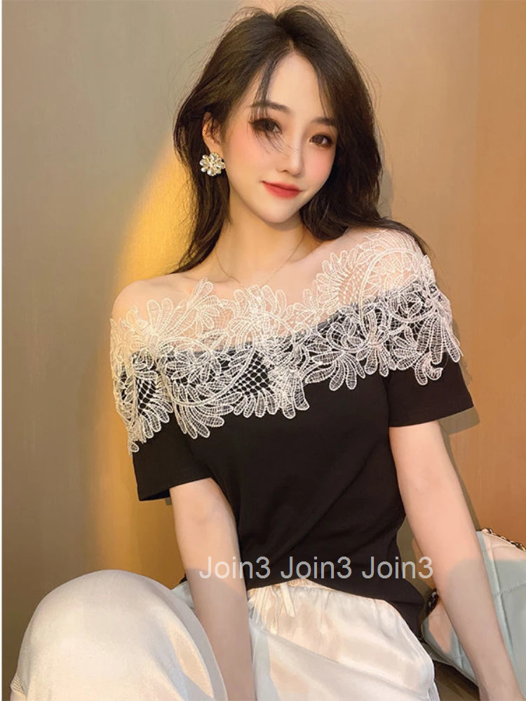 T Shirt for Women Black Lace Off Shoulder Tops Woman Cotton Short Sleeve Japanese Vintage Fashion Korean Popular Clothes Yk2 Emo