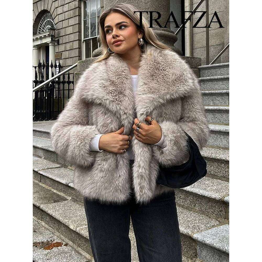 TRAFZA 2024 Winter Coats For Women Fashion New Faux Fur Long Sleeves Loose Coat Female Versatile High Street Women's Cardigan