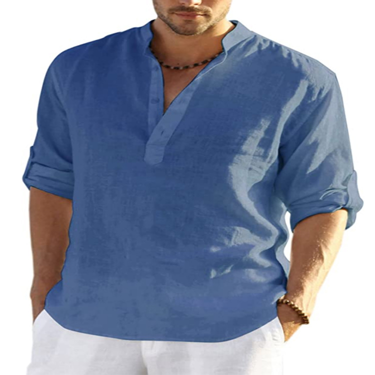 Men's shir Cotton Linen Hot Sale Men Short-Sleeved Shirts Summer Solid Color Stand-Up Collar Casual Beach Style Plus Size S-5XL