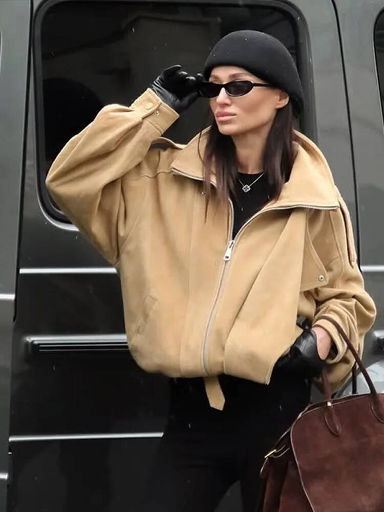 Oversize Suede Lace Up Jacket Women Vintage Turn-Down Collar Long Sleeve Zipper Cropped Coats New Fashion Elegant Lady Outerwear