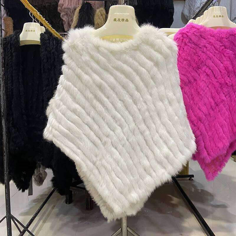 Hot Sale Autumn Knitted Natural Black Ponch Shawl Genuine Rabbit Wedding Party Real Fur Cape