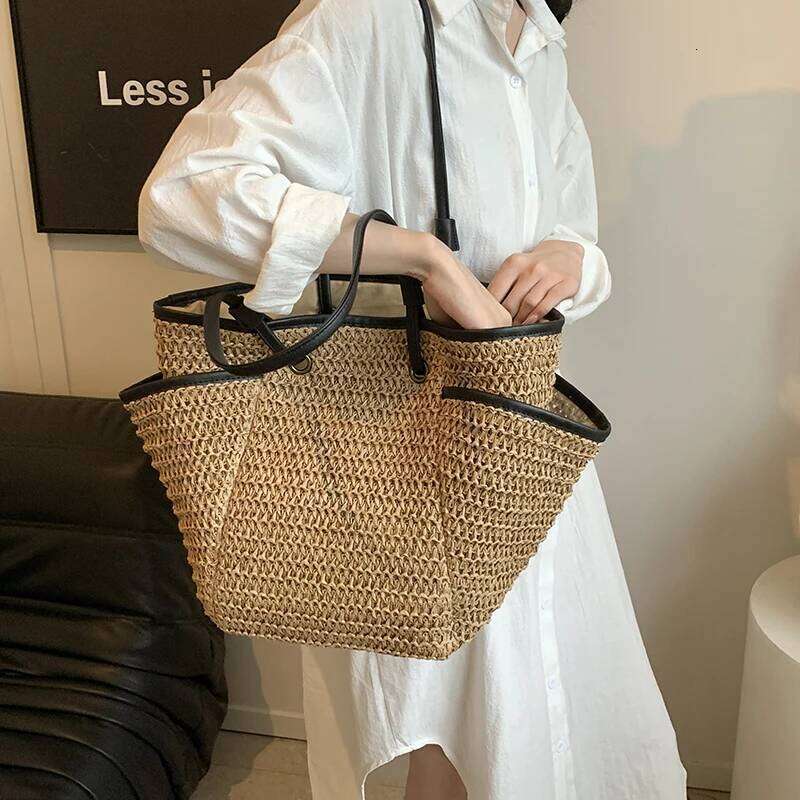 MOODS Straw Fabric Shoulder Tote Bags For Women Summer Beach Travelling Shopper Totes Big Capacity Designer Handbags