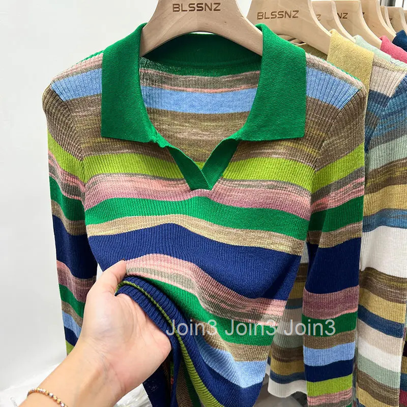 Polo Neck Shirts For Women Long Sleeve Tops Striped Clothing Knit Youth Offer Chic Elegant Summer 2025 T-shirt Woman Cotton New
