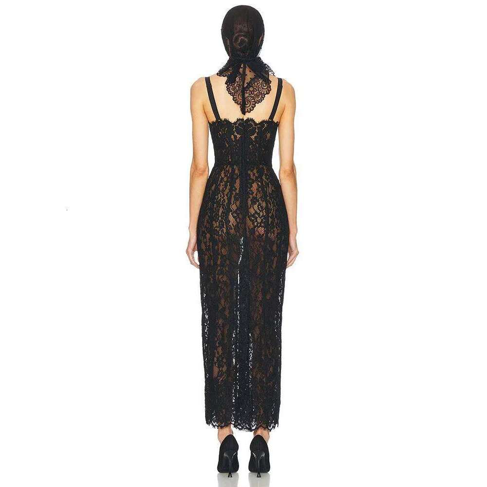 Sexy Spaghetti Strap Square Neck Long Dress Women Black Floral Lace Sleeveless Bodycon Dresses Elegant Evening Celebrity