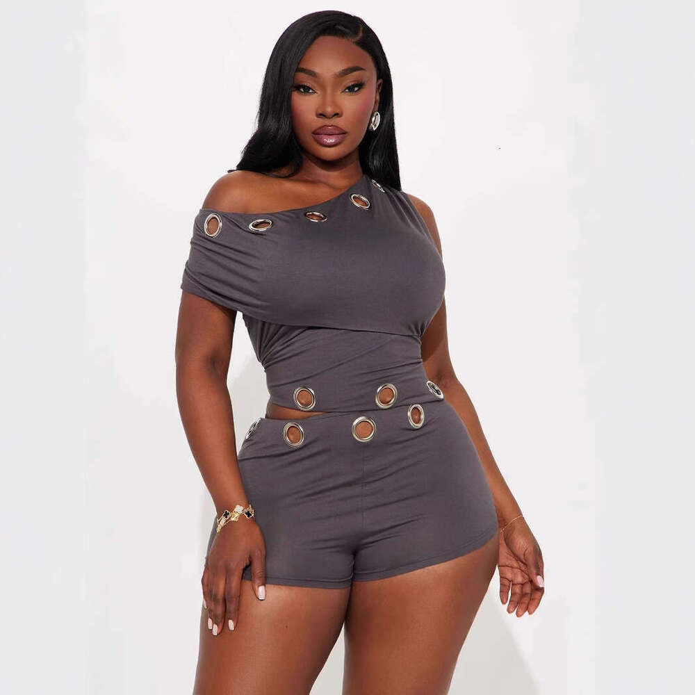 Summer New American Style Asymmetric Shoulder Sexy Solid Color Metal Accessories Slim Fit Shorts Set Women's Fashion B5