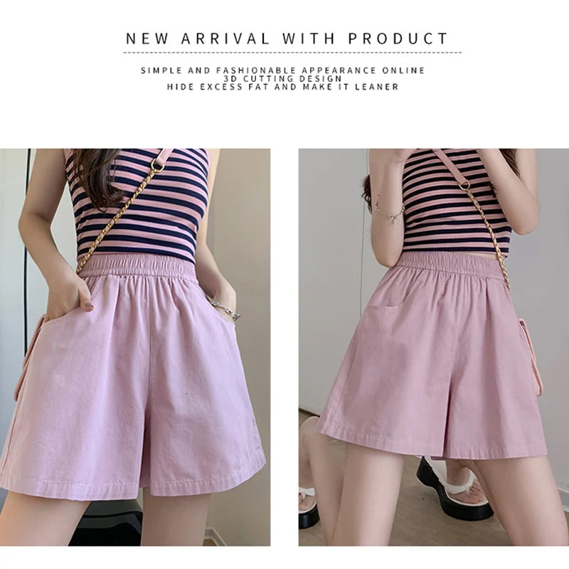 Women Summer Soft Casual Shorts Pants Lady Baggy Wide Leg Elastic Pink Cotton Cargo Pants Female High Waist Beach Baggy Pants 250614