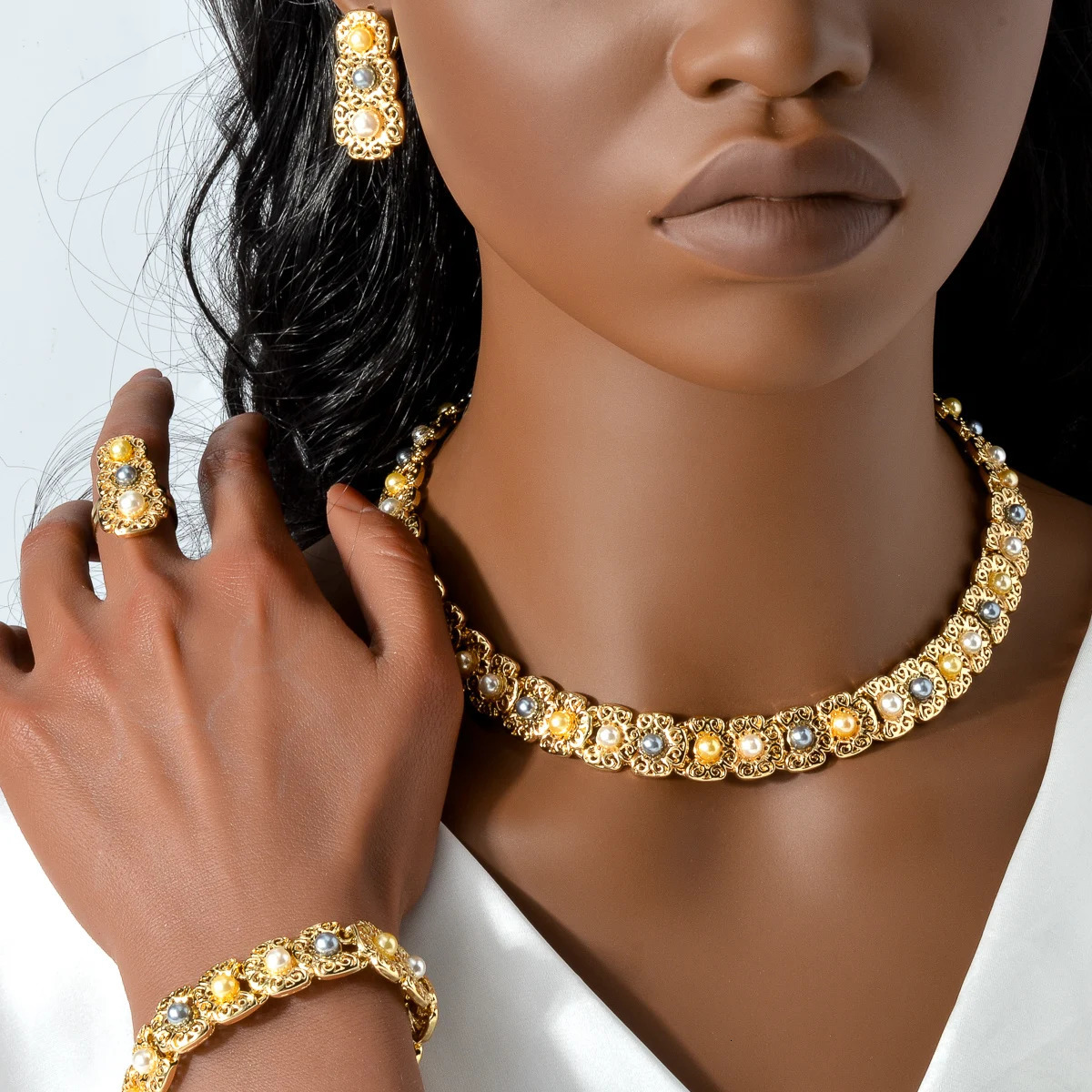 Quality Jewelry Set For Women Pearl Necklace Bracelet Ring Earring Trend Wedding Party Jewelry Set Mothers Day Gift 250609