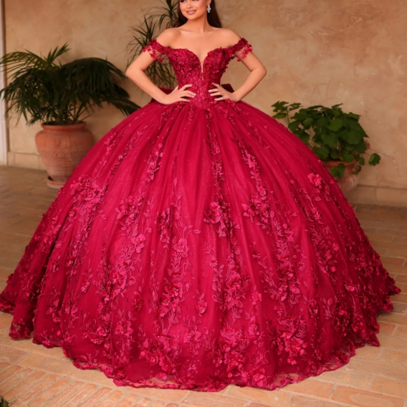 Red Quinceanera Dresses Ball Gown Off The Shoulder Applique Flower Beading Bow Tull Sweet 16 Dress Vestidos 15 De Anos