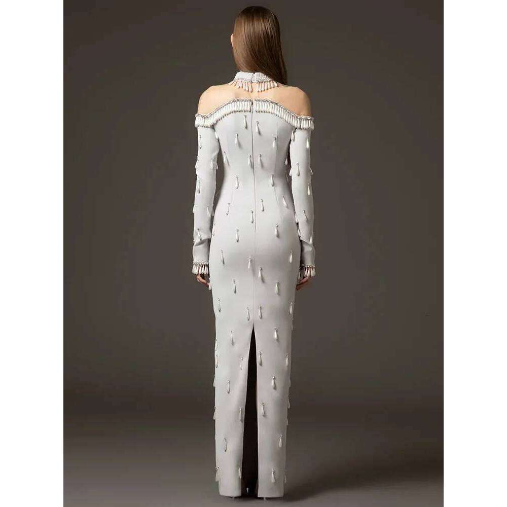 HIGH STREET Newest 2025 Designer Vestido Women's Spliced Mesh Dias Beaded Sleeved Floor Length Maxi Long Dress