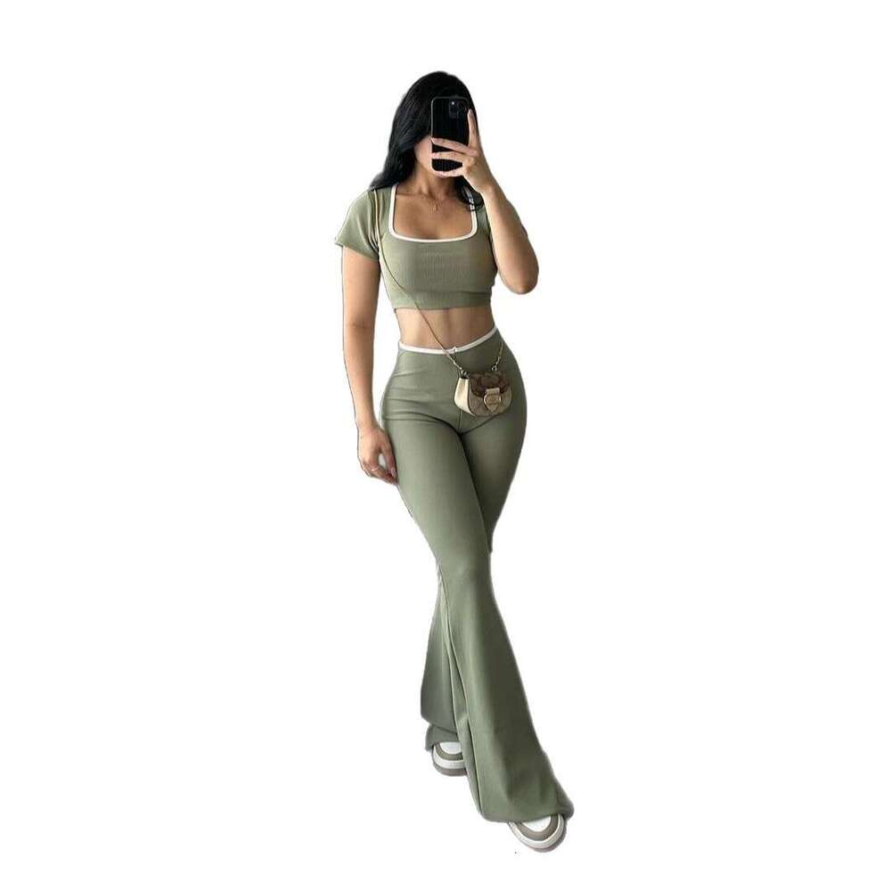 New Fashion Solid Color Casual Sports Style Slim Fit Top Short Sleeve Flared Long Pants Set For Women B5