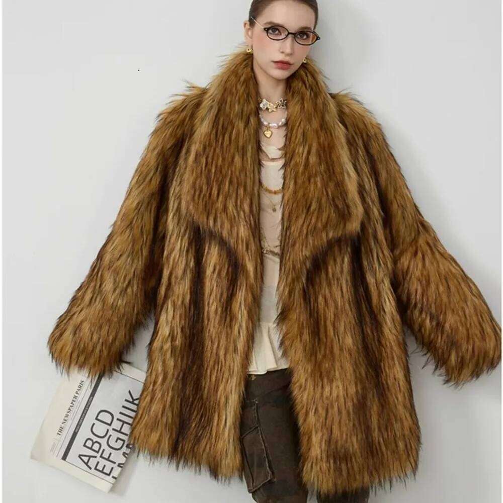 Winter Gradient Gold Brown Hairy Shaggy Raccoon Faux Fur Coat Women Lapel Furry Midi Long Loose Oversized Outerwear