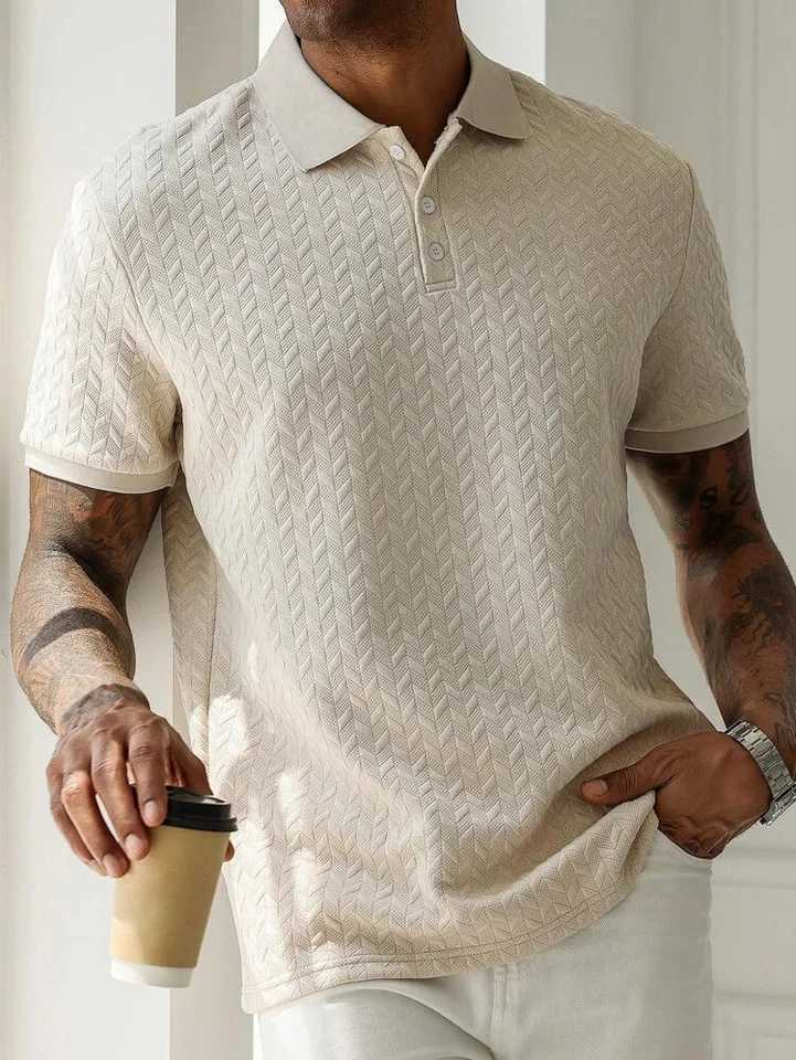 Mens Jacquard Polo Shirt Solid Color Lapel Short-Sleeved Polyester Blend Spring and Autumn Sports Casual Clothes Are Hot Mens Wear W250616