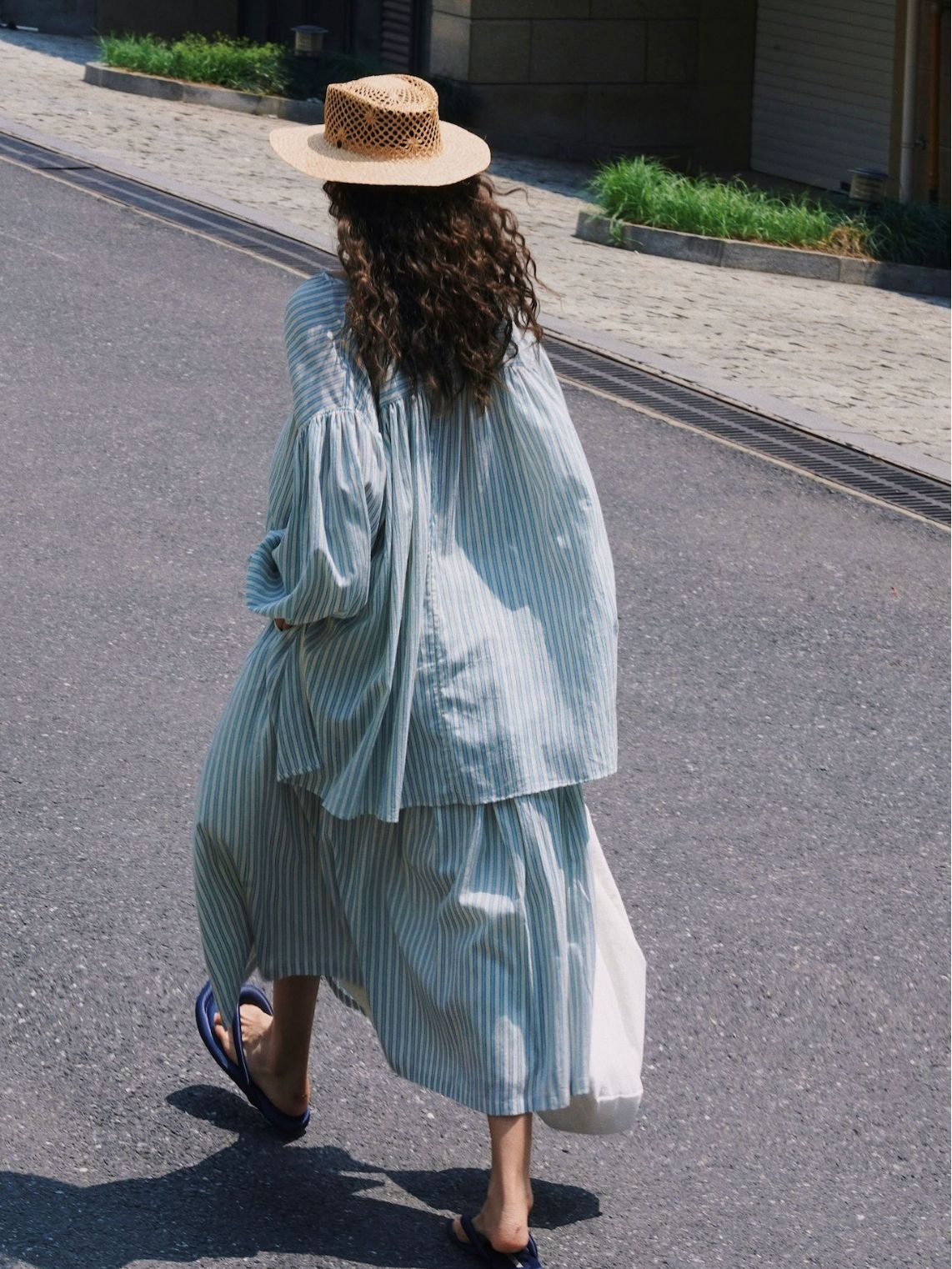 KO180 New Japanese lazy and refreshing imitation linen striped skirt elastic loose slim umbrella