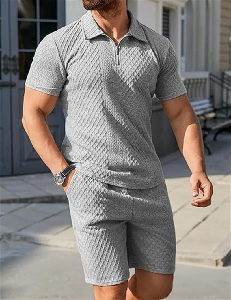 Mens Suit Fashion Summer Jacquard Half Zip Short Sleeve Polo ShirtShorts 2 PCS Sets Men Casual Sports Suit 250612
