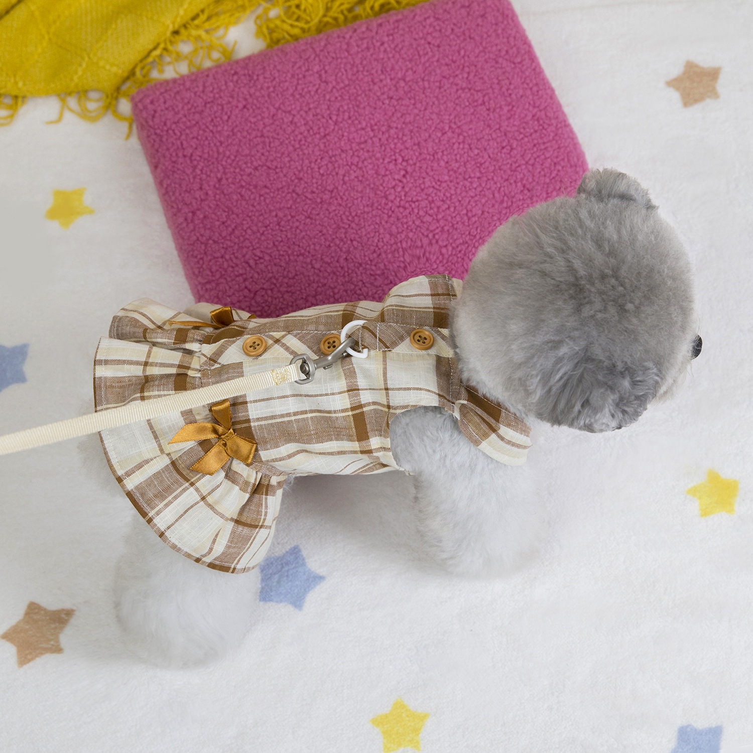 Dog Harness Dress with Leash D-ring, Sweet Cute Dog Dresses Puppy Checkered Clothes Polyester Breathable Summer Pet Doggy Outfits Princess Skirt M D94