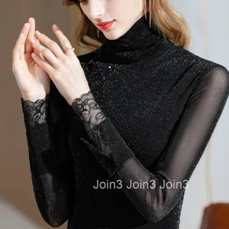 Turtleneck Glitter Rhinestone Sequin Slim Womens Long Sleeve T-shirt Korean Reviews Many Clothes Yk2 Cheap Kpop Y2k Top Female