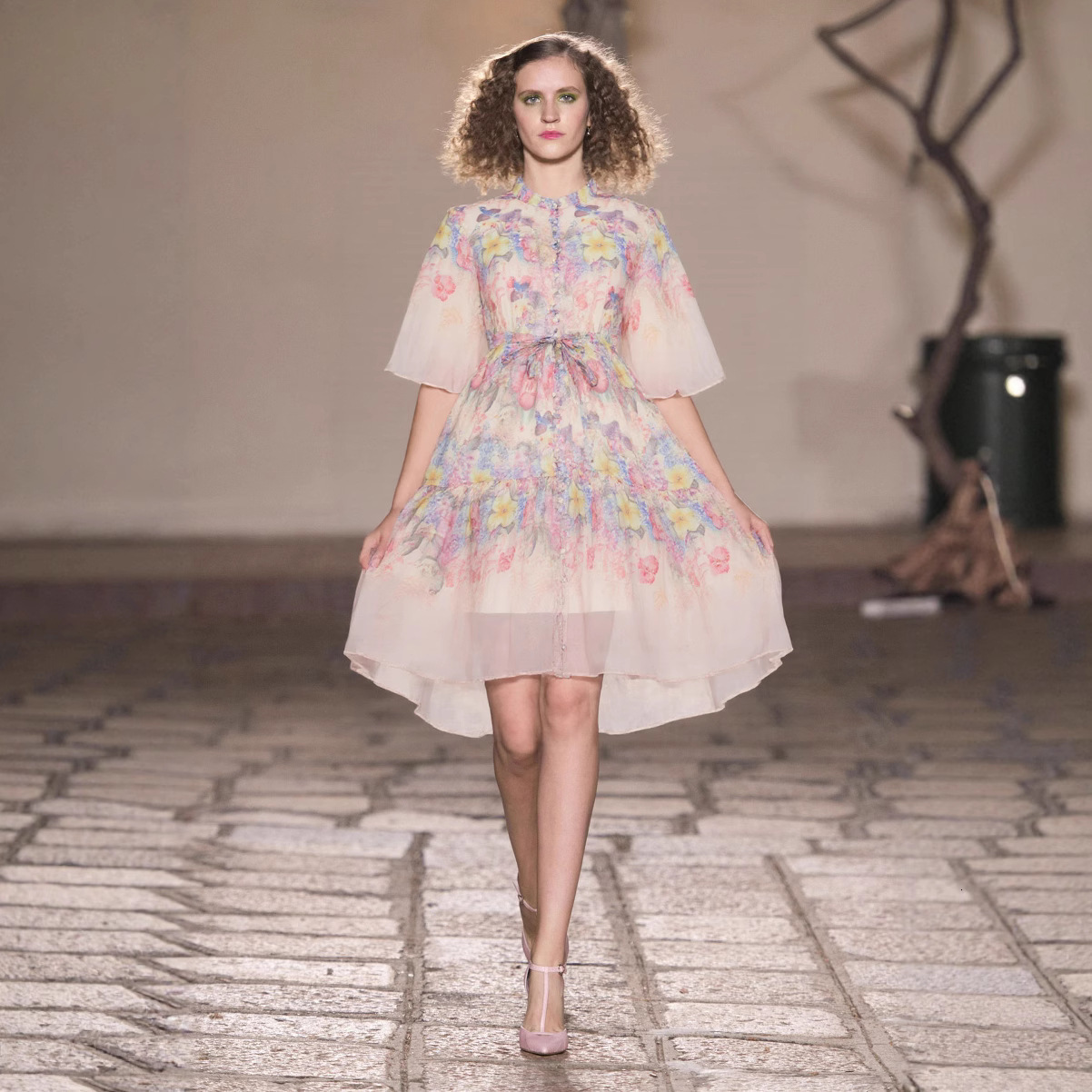 Summer Holiday Linen Dress Clothing Stand Ruffles Long Lantern Sleeve Flower Print Single Breasted Belt Mini Vestidos 250322