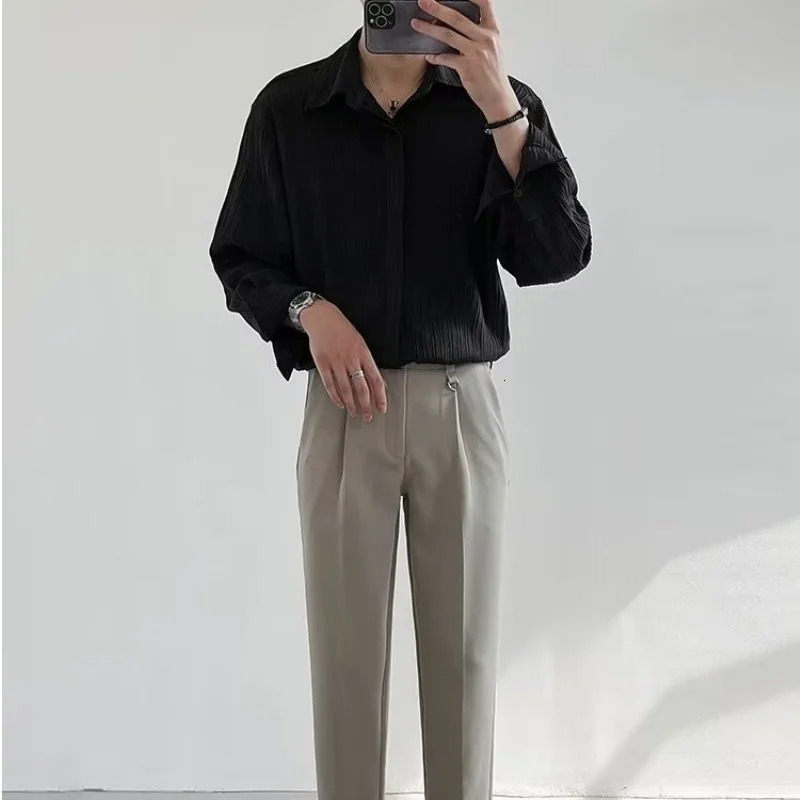 Black Apricot White Long-sleeved Shirt Men Fashion Social Mens Dress Shirt Korean Loose Casual Pleated Shirts Mens Formal Shirt 250614