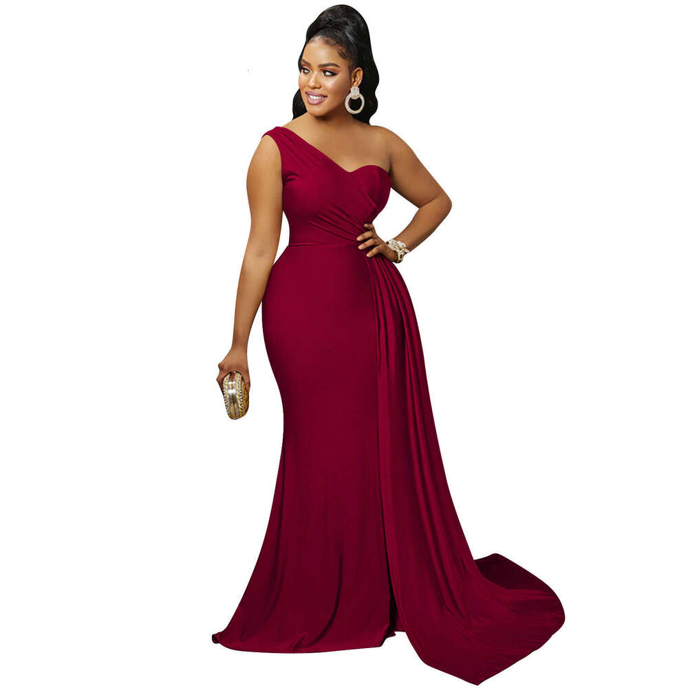 European and American Fashion Solid Color Party Bodycon One-Shoulder Sleeve Long Dress for Women 2025 New Elegant Unique Clothing