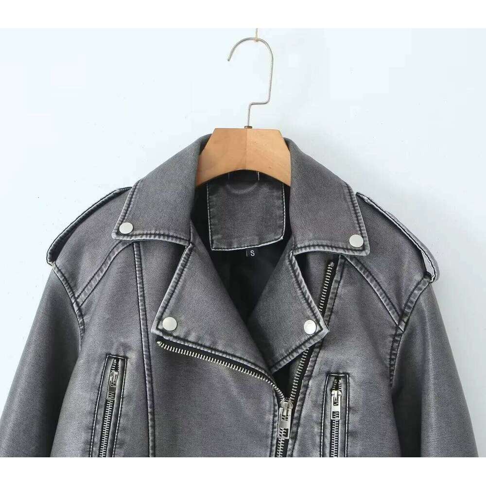 2025 PU Casual Lady Lapel Zipper Leather Motorcycle Coat Spring Autumn Women Faux Jacket